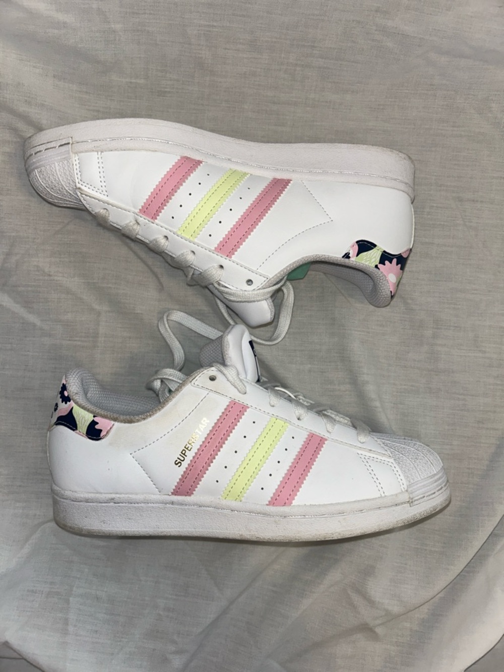 adidas Kids White Sneakers with Pink & Lemon Stripes
